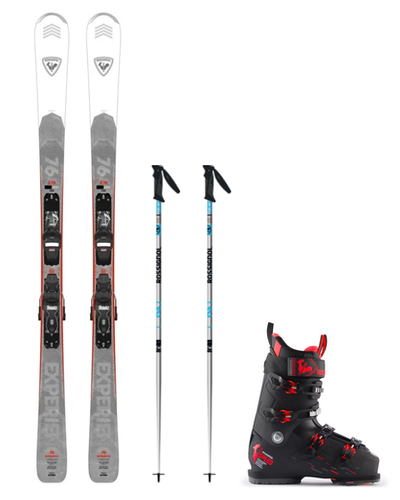 Adult Ski Package This image is of adult ski gear, including Rossignol skis, ski boot, and poles.