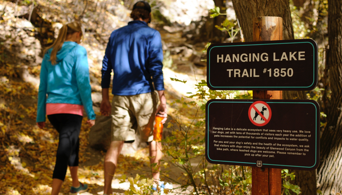 Immersed in the serene ambiance of the Hanging Lake Trail, two hikers move past the Hanging Lake sign, ascending the dirt trail.