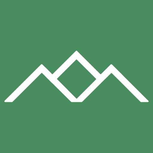 This computer generated Hanging Lake Adventure Co-op logo is white with a green background. There is no wording, only the mountains icon.